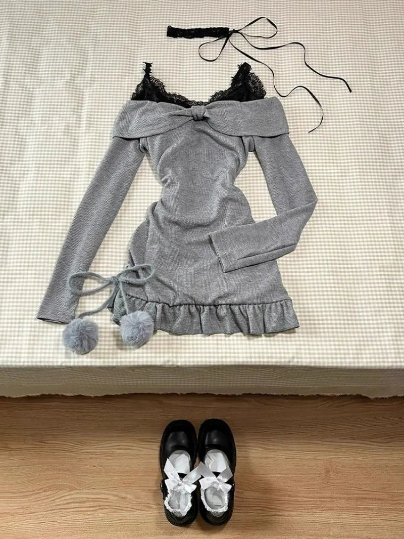 2024 High Street Two Piece Set Gray Slash Neck Long Sleeve Spliced Plested Dresses Y2k Aesthetic Vintage Lace Design Sling Dress Badiee Stylez