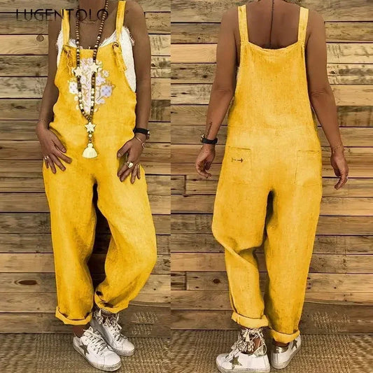 Linen Overalls Jumpsuit Women Casual Print Sleeveless Summer Loose Female Suspenders Straight Leg Fashion New Streetwear