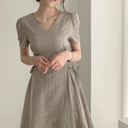 Cotton Linen Dress Long New Hot Sales Woman Short Sleeve Solid Retro Vintage Long Dresses