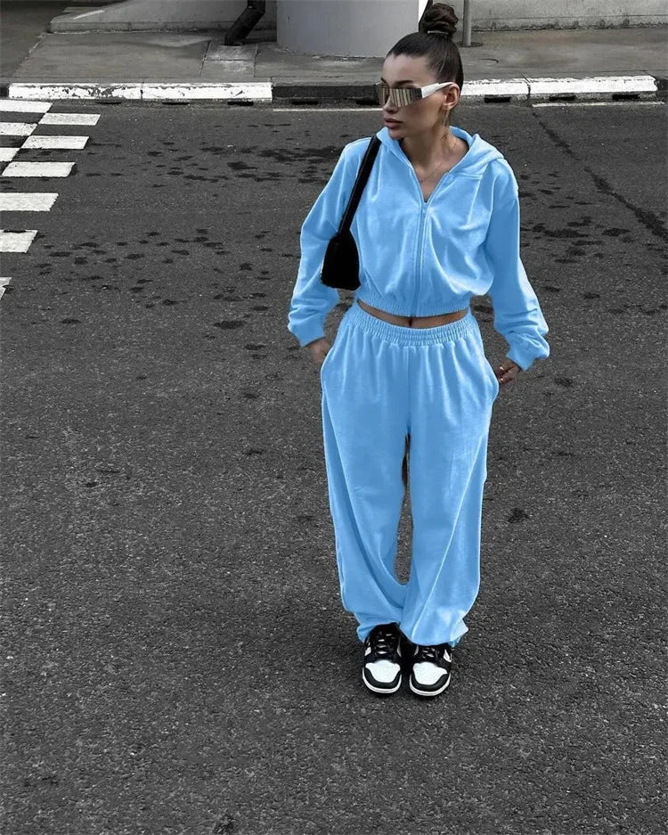 Autumn Winter Casual Two Piece Set Women Street Trend Long-sleeved Hooded Cardigan Sexy Waist Waist Elastic Trousers Tracksuit