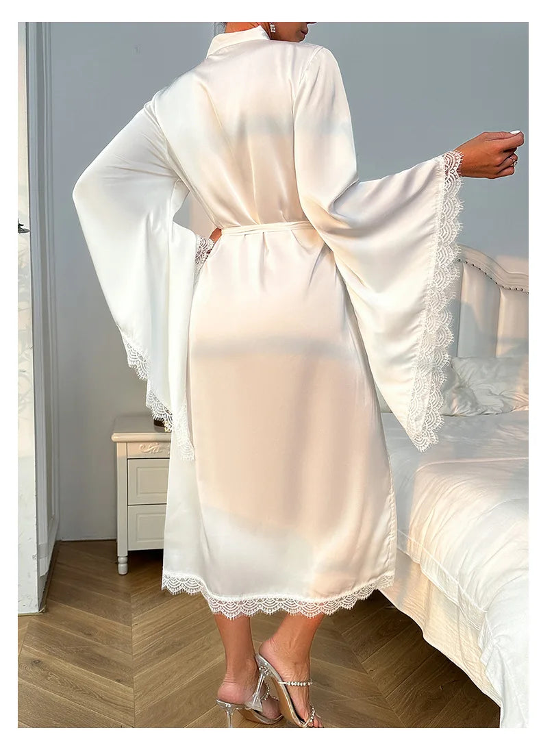 Long Bride Wedding Robe Women Elegant Sleepwear Big Sleeve Lace Full Slip Kimono Loungewear Soft White Rayon Home Dressing Gown