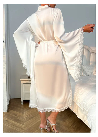 Long Bride Wedding Robe Women Elegant Sleepwear Big Sleeve Lace Full Slip Kimono Loungewear Soft White Rayon Home Dressing Gown