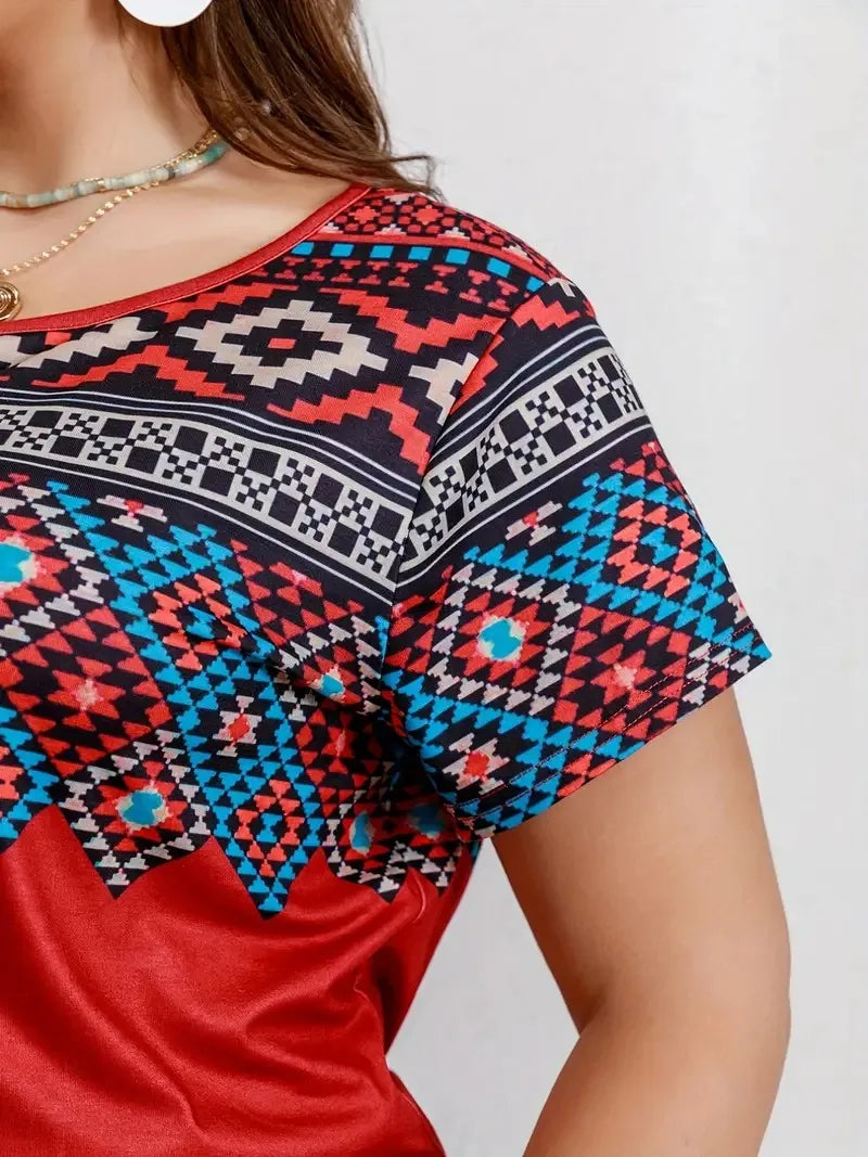 Women T Shirt Plus Size Tops Fashion clothes Women's Plus Southwestern Print Casual Tees Round Neck Short Sleeve T-shirt Tops