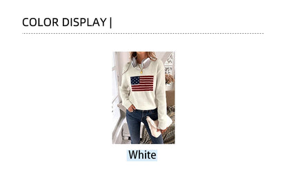 Plus Size Women Fashionable Loose Casual All-Match Sweater With Flag Print Flag Graphic Long Sleeve Sweater Knit