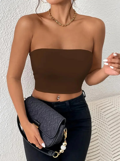 Women's Sexy Solid Stretchy Bodycon Crop Tube Top - Casual Every Day Tops for Stylish Comfort Coffee