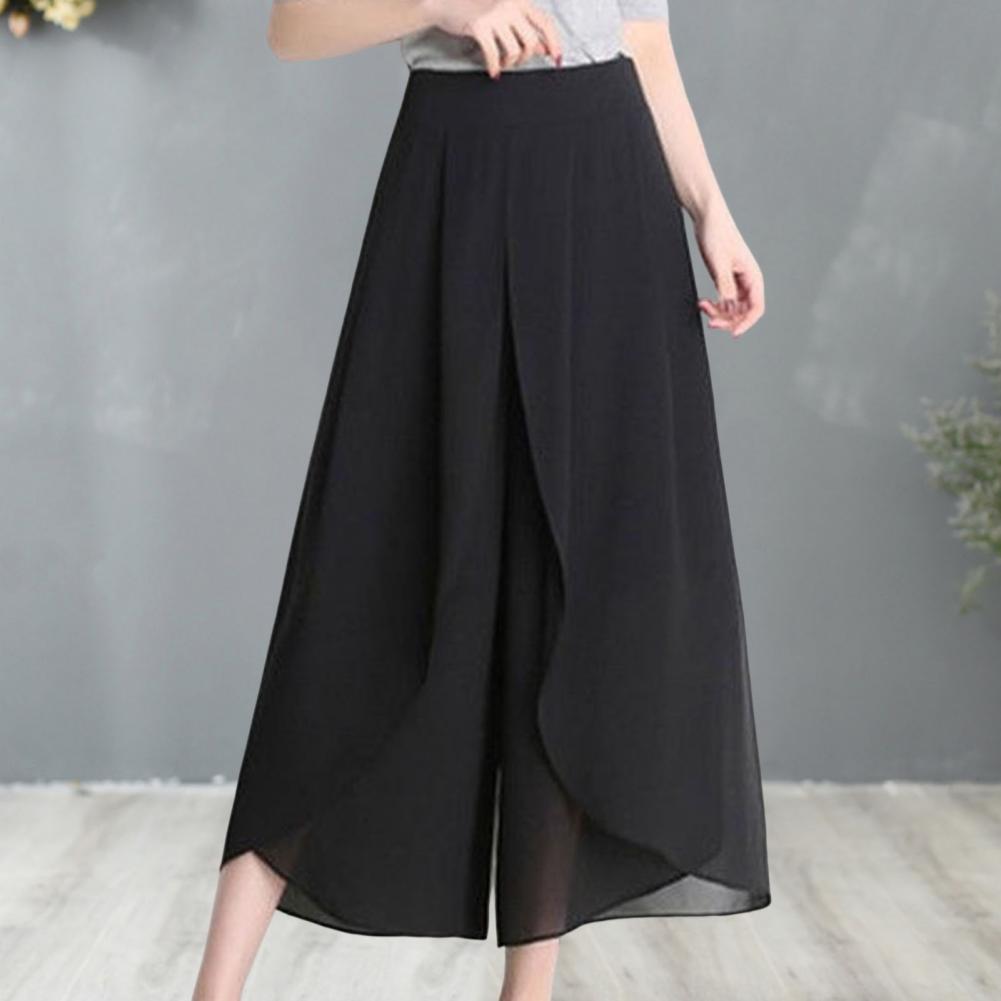 High Waist Pants See-through Chiffon Trousers Chic Women's Chiffon Skirt Pants Double Layered Wide-leg Mid-calf Cropped for A