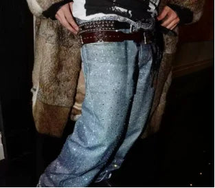 Street fashion retro design jeans Y2K rhinestone sequins retro blue loose men's and women's jeans high waist wide-leg trousers
