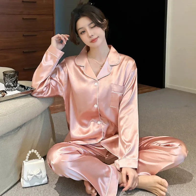 Korean Style Women's Two-piece Pajamas Sets Fashion Flower Print Faux Silk Satin Sleepwear Female Long Sleeve Pants Housewear 18