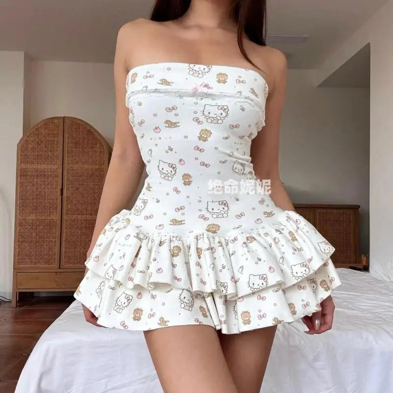 Japanese Hello Kittys Skirt Kawaii Cartoon Kittys Print Dress Y2K Girls Slim-Fit Cake Skirt Women's Sexy Strapless Dresses Gift