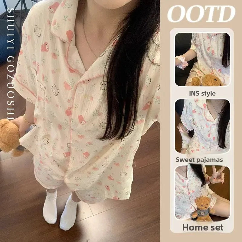 Cute Girl's Summer Cotton Linen ort Sve Nightgown Home Clothes Set Bear Print Gauze Spwear Simple Home Sle Yunduo cotton open short-pink rabbit cat