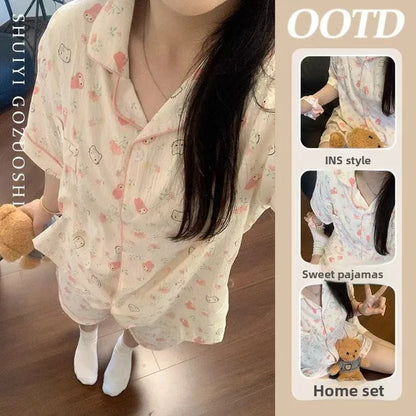 Cute Girl's Summer Cotton Linen ort Sve Nightgown Home Clothes Set Bear Print Gauze Spwear Simple Home Sle Yunduo cotton open short-pink rabbit cat