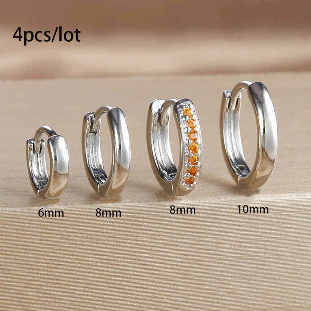 4PCS Set Stainless Steel Huggie Minimal Hoop Earrings 6/8/10mm Crystal Zirconia Helix Tragus Cartilage Earrings Piercing Jewelry Badiee Stylez