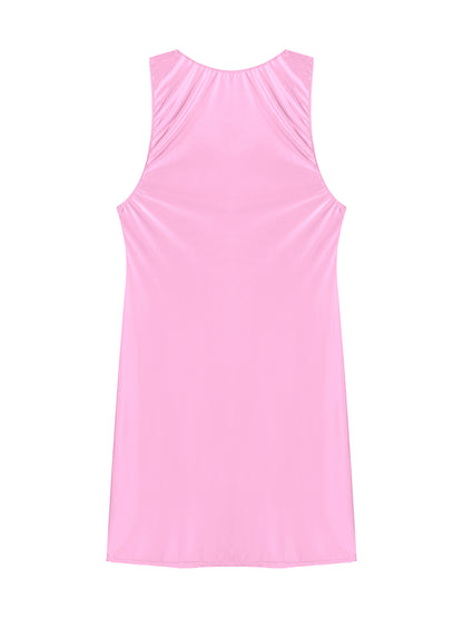 Women's Oil Glossy Stretch Tank Mini Dress Solid Color Sleeveless Tights Bodycon Short Dress Stretch U Neck Party Sundress