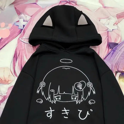 Japanese Cartoon Print Fleece Hoodies Women Harajuku Gothic Cat Ears Hooded Vintage Hoody Streetwear Y2k Aesthetic Sweatshirt