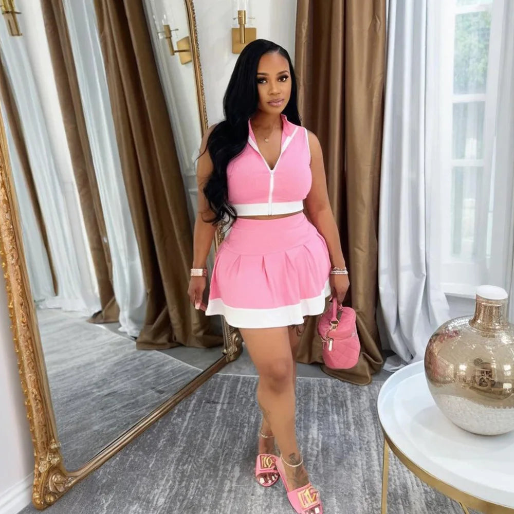 CM.YAYA Women's Set Sleeveless V-neck Vest + Pleated Skirts 2025 Summer Cute Street Beach Two 2 Piece Sets Outfits Tracksuit