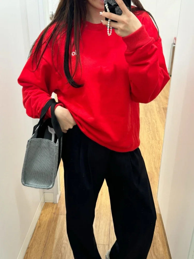 Fashion Trends Solid Long Sleeves Top Spring Black Red Round Neck Sweatshirts Simple Classic Letter Loose Casual Sports Top
