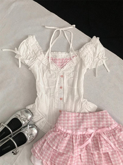 Summer Japanese Sweet Cute Women Outfits Bubble Sleeve Top + Pink Plaid Cake Skirt Harajuku Pure Desire Slim Two Piece Sets 2025