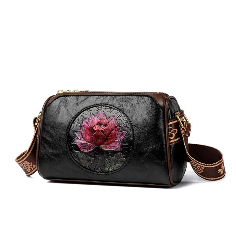 Three Layers Women Handbag Soft Leather Shoulder Crossbody Bags for Women Flower Print Ladies Messenger Bag with WIde Strap