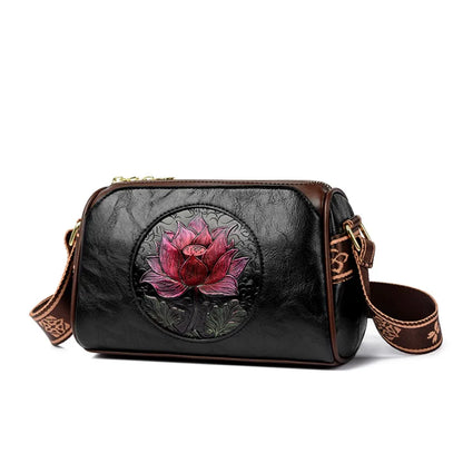 Three Layers Women Handbag Soft Leather Shoulder Crossbody Bags for Women Flower Print Ladies Messenger Bag with WIde Strap