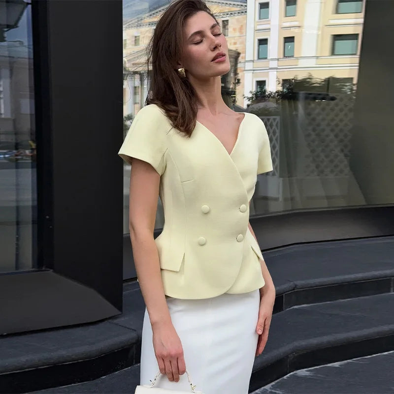 Elegant Short Sleeve Women's Top 2025 Summer Fashion V-neck Button Slim Office Lady Commuting Tops Street Solid Female Shirt