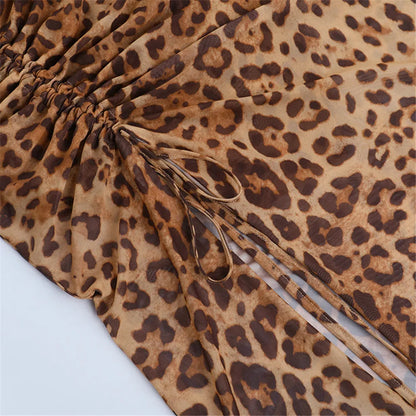 RLMABABY Leopard Hollow Out Backless Sexy Bodycon Dress Women Backless Thigh High Split Holiday Beach Party Long Maxi Dress