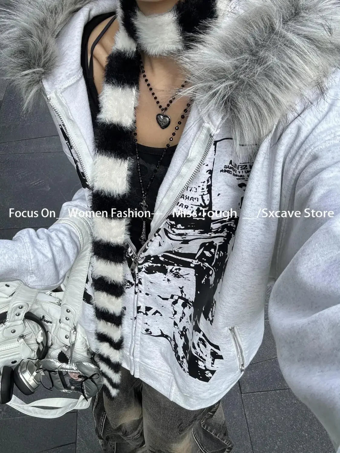 Korean Fashion Sweatshirts Harajuku Gothic Printed Coats Jackets Subculture Vintage Faux Fur Hooded Women Casual Y2k Clothing