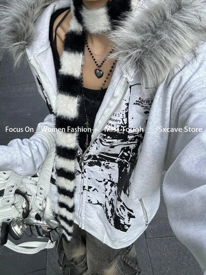 Korean Fashion Sweatshirts Harajuku Gothic Printed Coats Jackets Subculture Vintage Faux Fur Hooded Women Casual Y2k Clothing