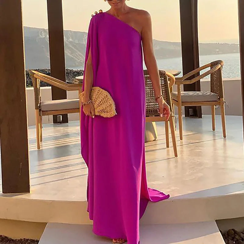 Patchwork Inclined shoulder Fashion Party Dress, Women Summer Beach Elegant Maxi Dress, 2024 Casual Diagonal Collar Ladies Dress Rose Red