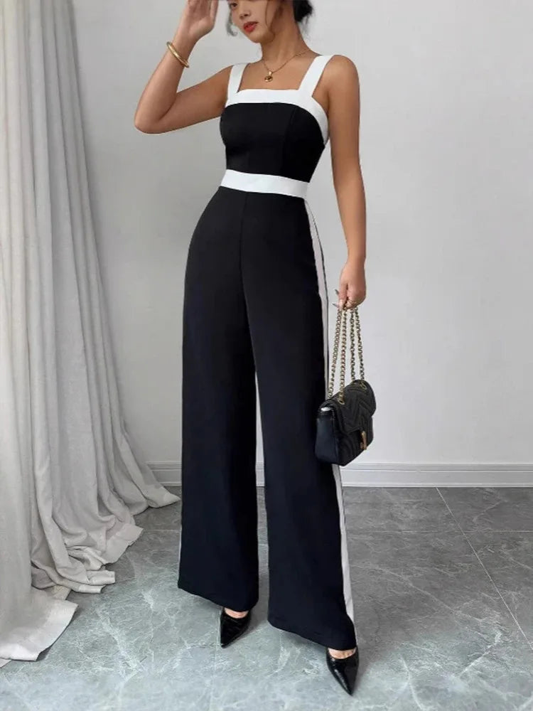 Women's Casual Black Jumpsuit White Contrast Trim Square Neck Great for City Nights Social Gatherings Fashionable Wear Badiee Stylez