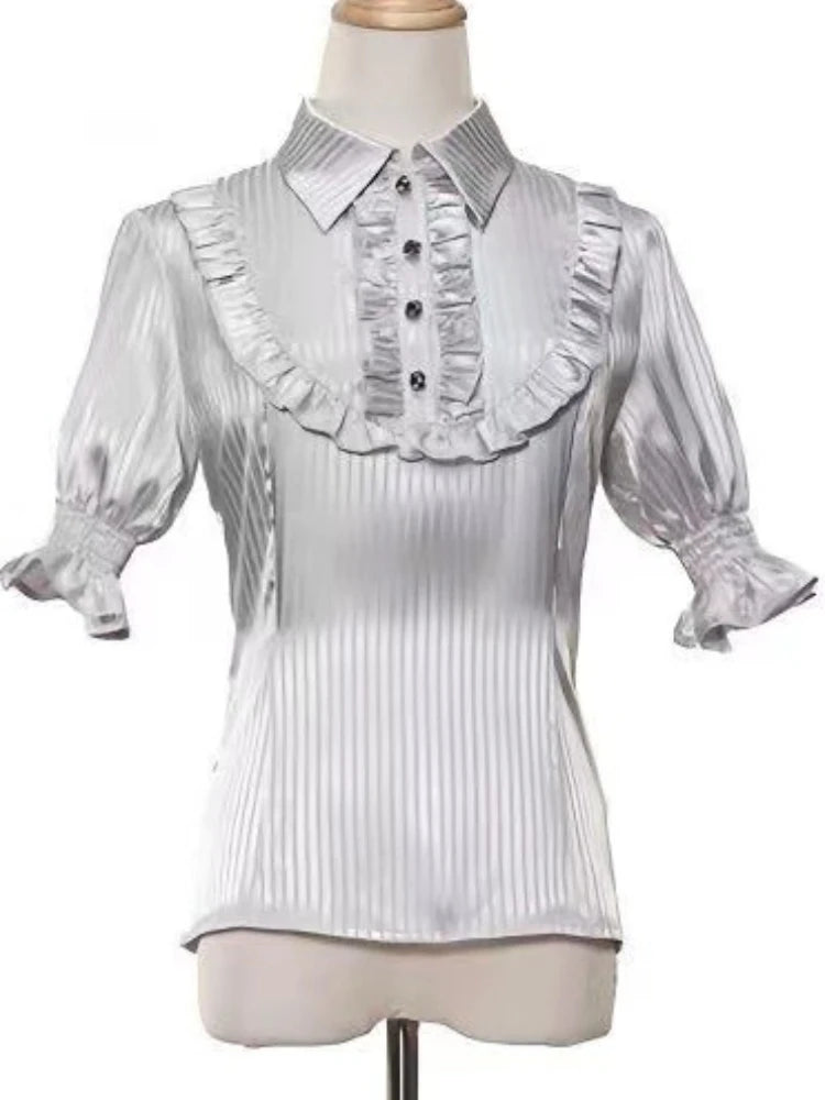 Japanese Kawaii Lolita Lace Patchwork Women Blouses 2025 Summer Harajuku Single Breasted Sweet Shirts Girly JK Bow Tops & Tees 42420