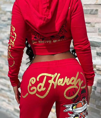 Bangniweigou Skull Love Print Zipper Short Cardigan + High Waist Straight Leg Pants Two Piece Set Women Tracksuit Autumn Winter