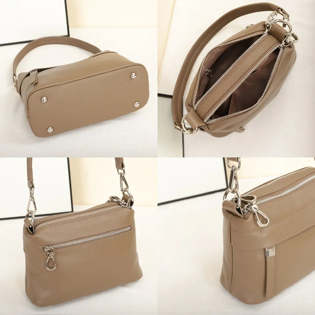Head Layer Cowhide Leather Women's Shoulder Crossbody Bag Large Capacity Multi Compartment Handbag Casual Practical Armpit Bag