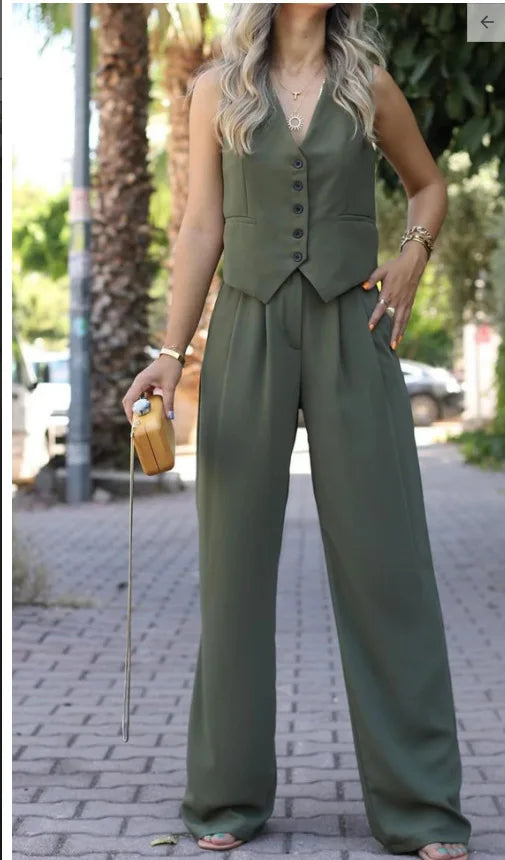casual sleeveless suit set office lady spring summer elegant slim v-neck blazer tops pants two piece set women outfit 2024 army green