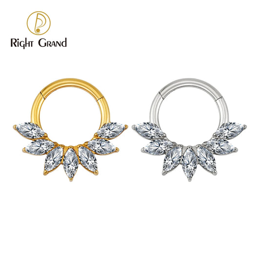 Right Grand 16G Marquise CZ Hinged Segment Hoop Nose Ring ASTM F136 Titanium Septum Piercing Cartilage Daith Hoop Earring