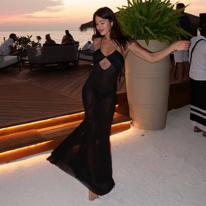 Shestyle 2025 Women Summer Outfits Beachwear Vacation Transparent Mermaid Dress Backless V Neck Spaghetti Strap Hollow Out