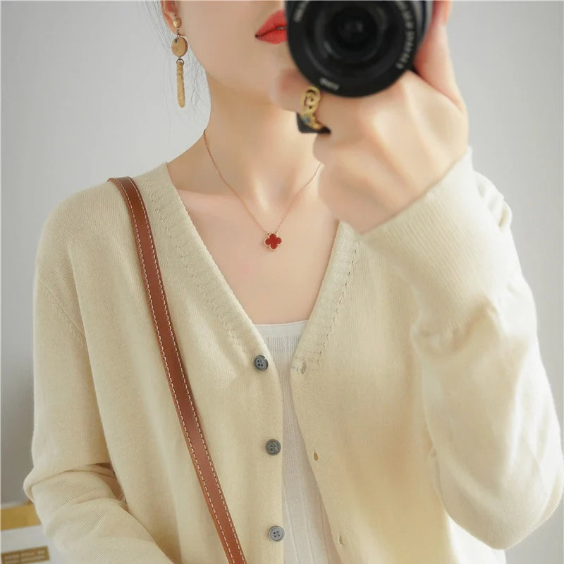100% Cotton Line Long Sleeve V-Neck Knitted Cardigan Women Loose Short Solid Color Simple Sun Protection SMY K61 mi se
