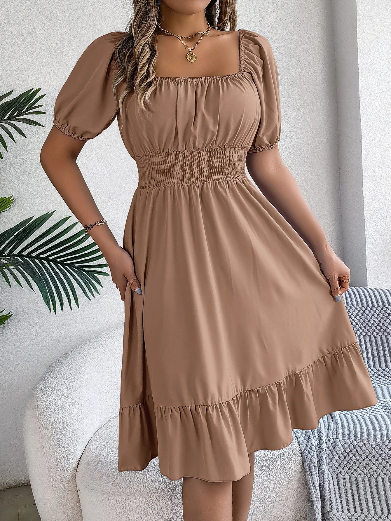 Spring and Summer Elegant High Waisted Dress Square Neck Short Sleeved Ruffled Edge Long Dresses for Women Badiee Stylez