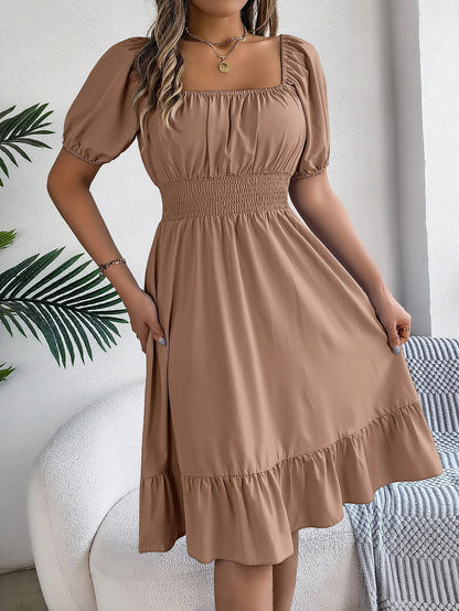 Spring and Summer Elegant High Waisted Dress Square Neck Short Sleeved Ruffled Edge Long Dresses for Women Badiee Stylez