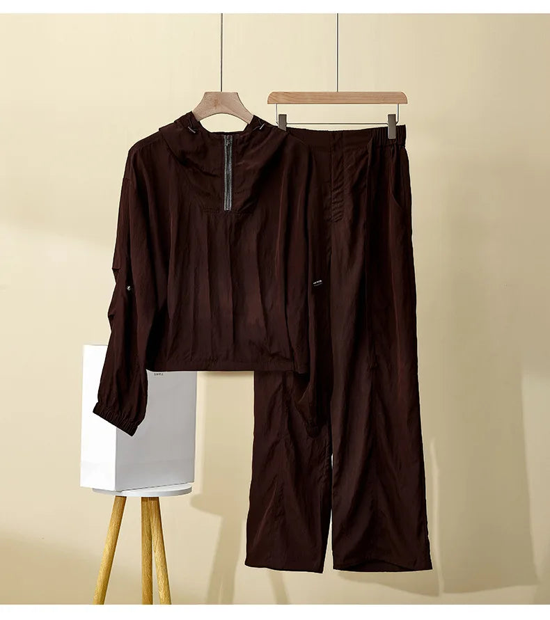 Women's Spring Summer New Hooded suit Casual Sports Fashion Chain Cardigan with Trousers Two-piece Set Badiee Stylez