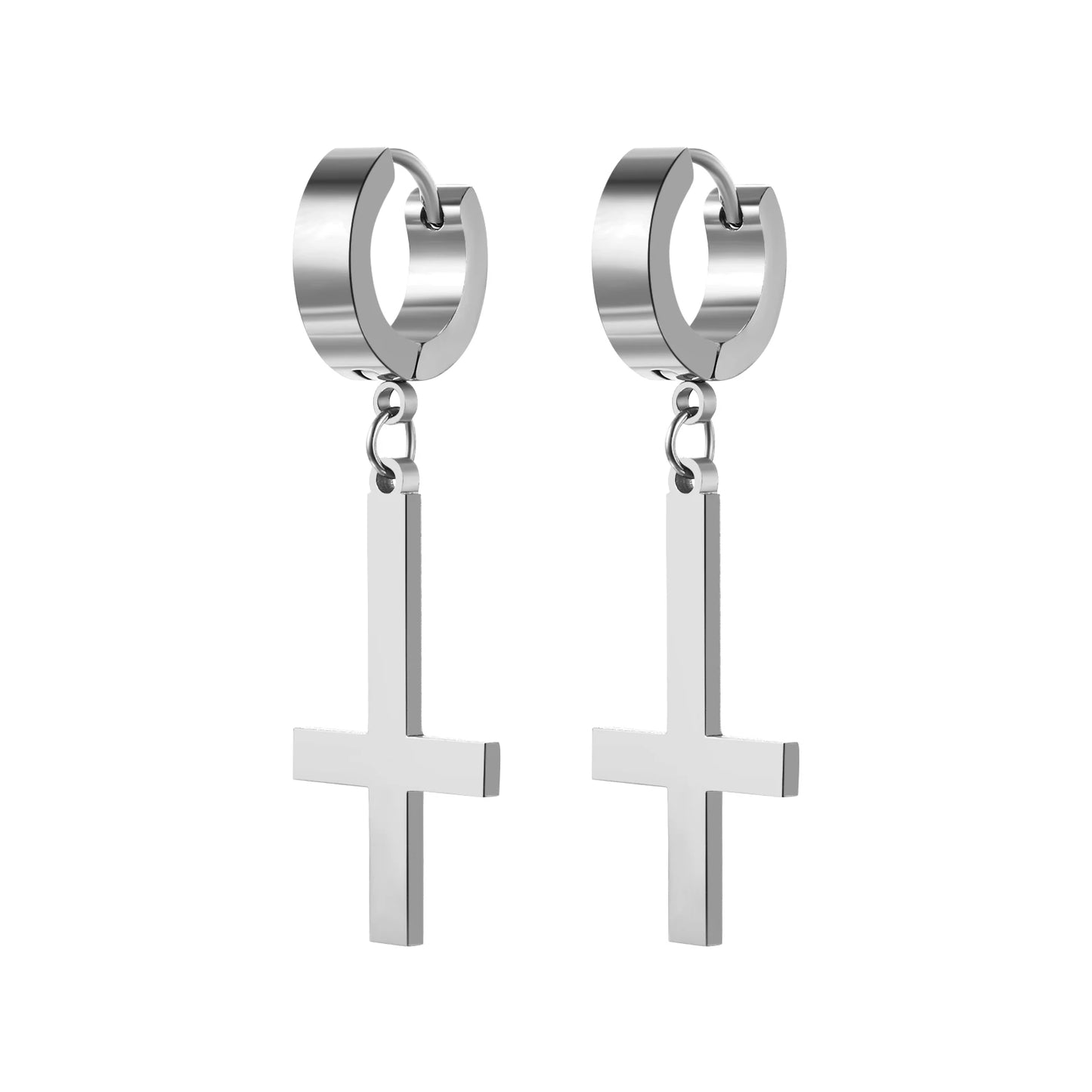BONISKISS Men Women Stainless Steel Inverted Upside Down Cross Earring Church of Satan Temple Occult Satanic Witchy Stud Jewelry Hoop Silver