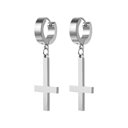 BONISKISS Men Women Stainless Steel Inverted Upside Down Cross Earring Church of Satan Temple Occult Satanic Witchy Stud Jewelry Hoop Silver