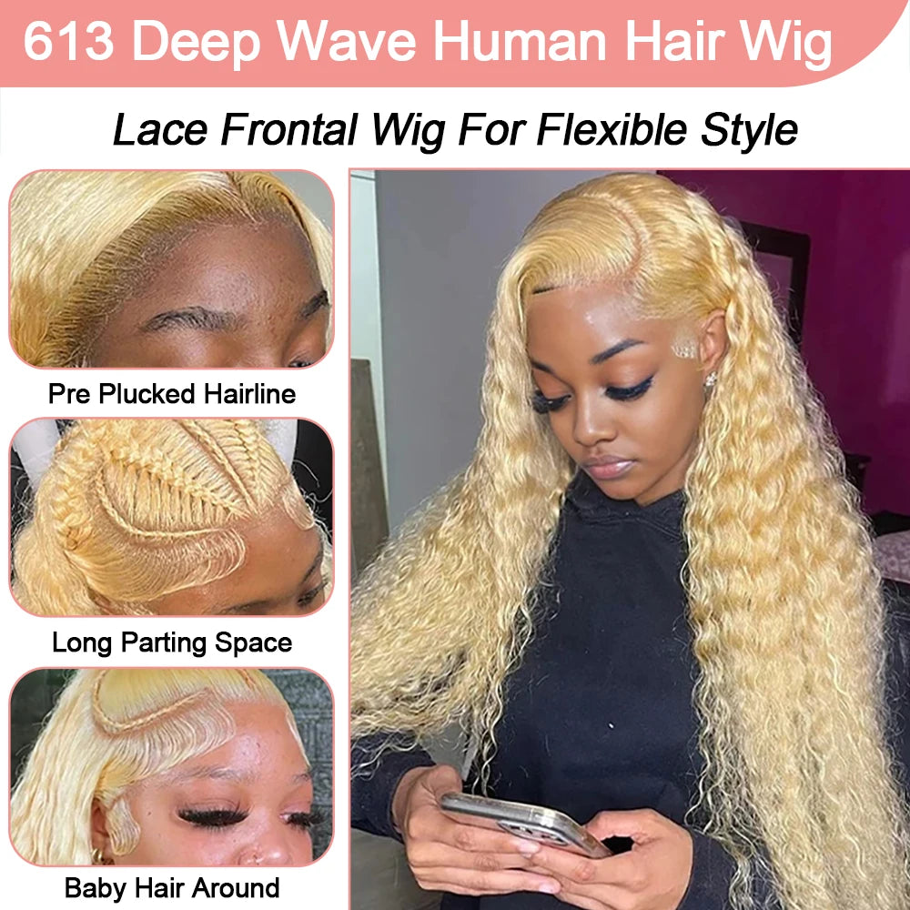 613 Blonde HD Lace Frontal Wig 13x4 13×6 Deep Wave Lace Front Human Hair Wig Colored Curly Wigs Water Wave Wigs For Women ﻿ ﻿ Badiee Stylez