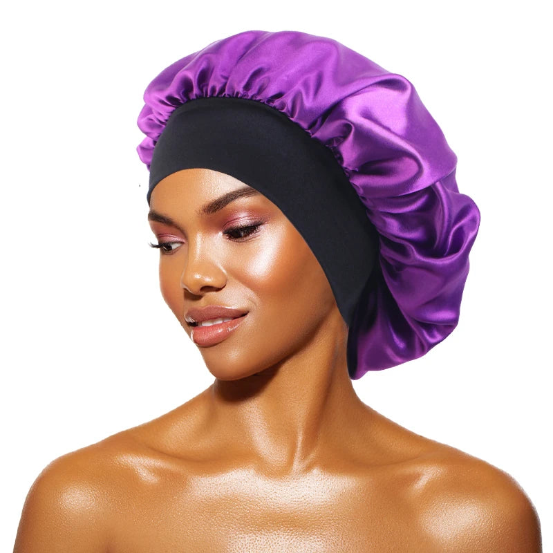 Women's Satin Solid Bonnets Wide-brimmed Night Sleeping Bathing Hat Unisex Head Wrap Elastic Band Cap Hair Care Bonnet Dark purple One Size