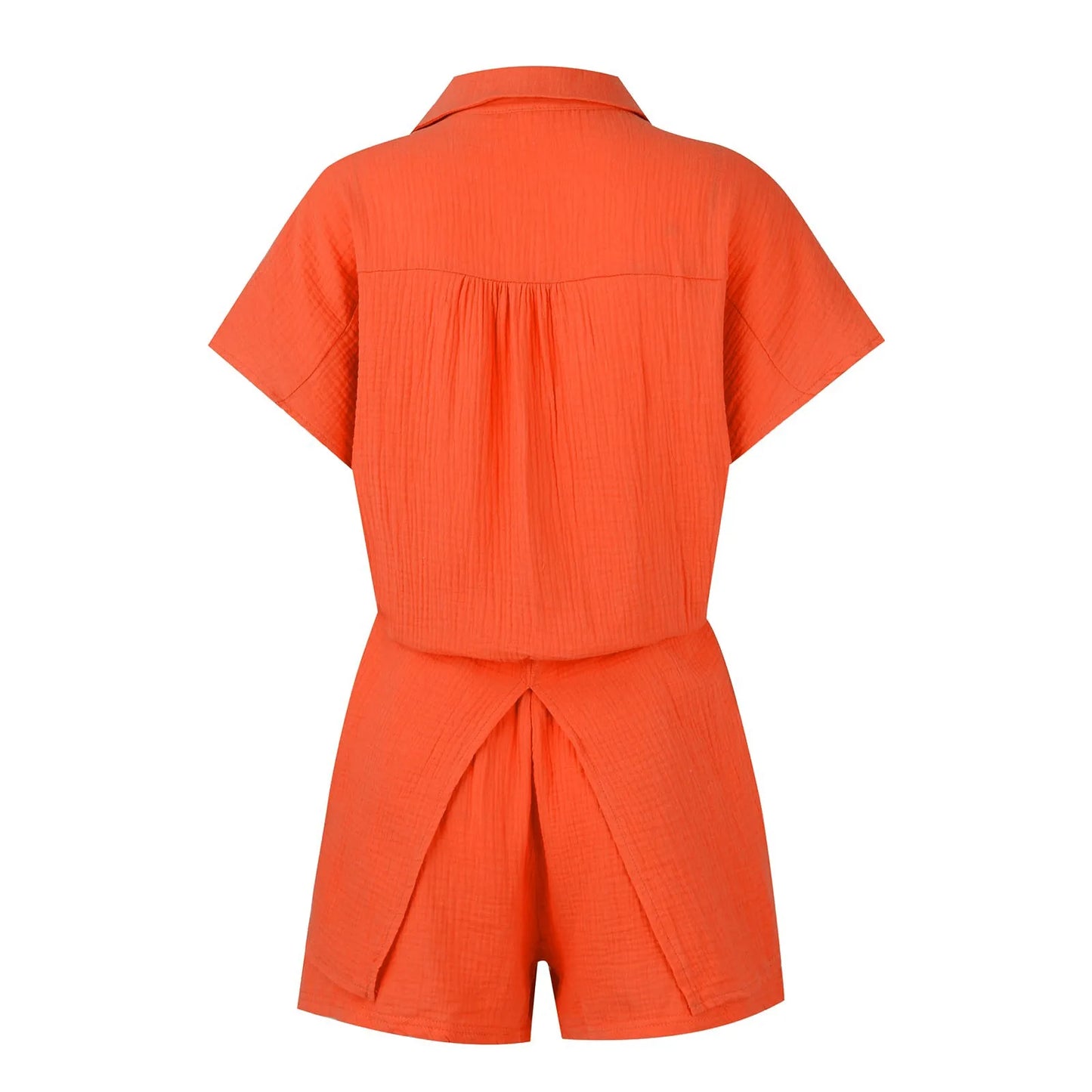 Summer cotton and linen solid color shirt short sleeved casual shorts set