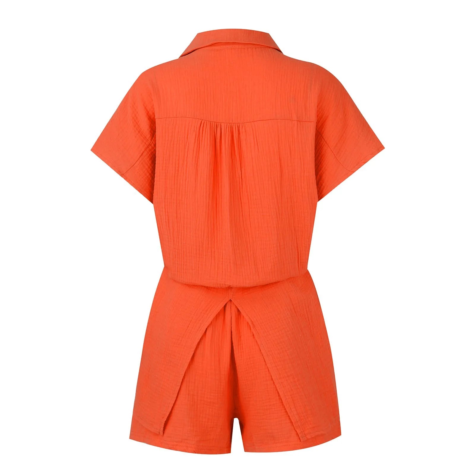 Summer cotton and linen solid color shirt short sleeved casual shorts set