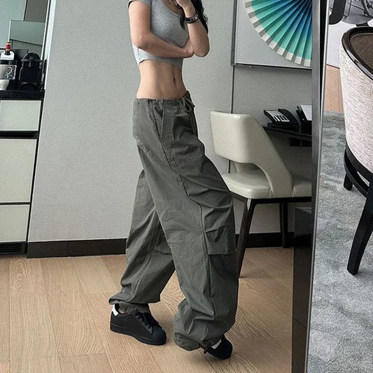 Rimocy Lace Up Y2K Parachute Pants Women Hip Hop Streetwear Oversized Cargo Pants Woman Harajuku Wide Leg Baggy Sweatpants Mujer Badiee Stylez