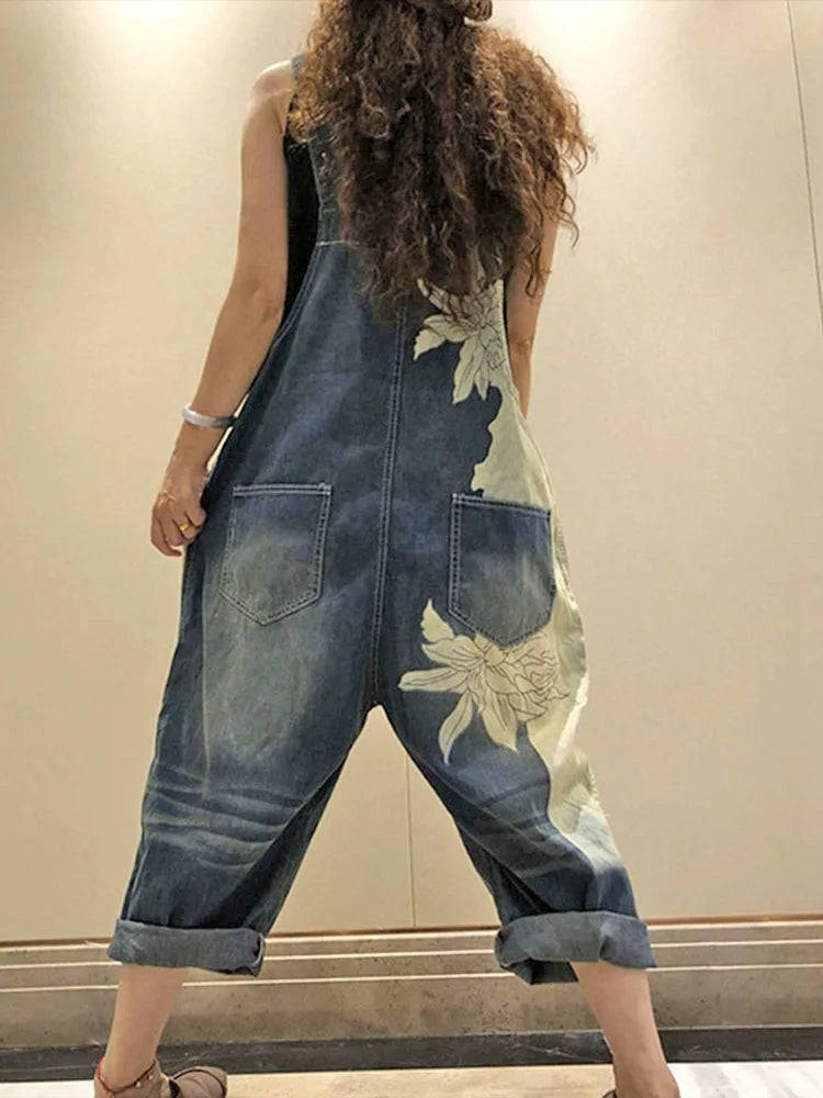 AmaxluluE 2025 Females Fashion Overalls Ladies Summer Printed Denim Pantalons Vintage Casual Jeans Womens Loose Vintage Trousers