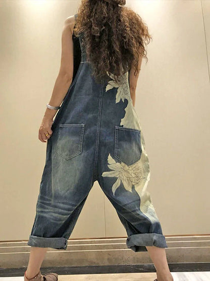AmaxluluE 2025 Females Fashion Overalls Ladies Summer Printed Denim Pantalons Vintage Casual Jeans Womens Loose Vintage Trousers