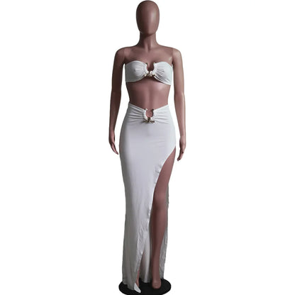 New Chic Gold Ring Bandeau Slit Skirt Two-Piece Set Womens Beautiful Off Shoulder Matching Skirt Set Nightclub Outfits Badiee Stylez