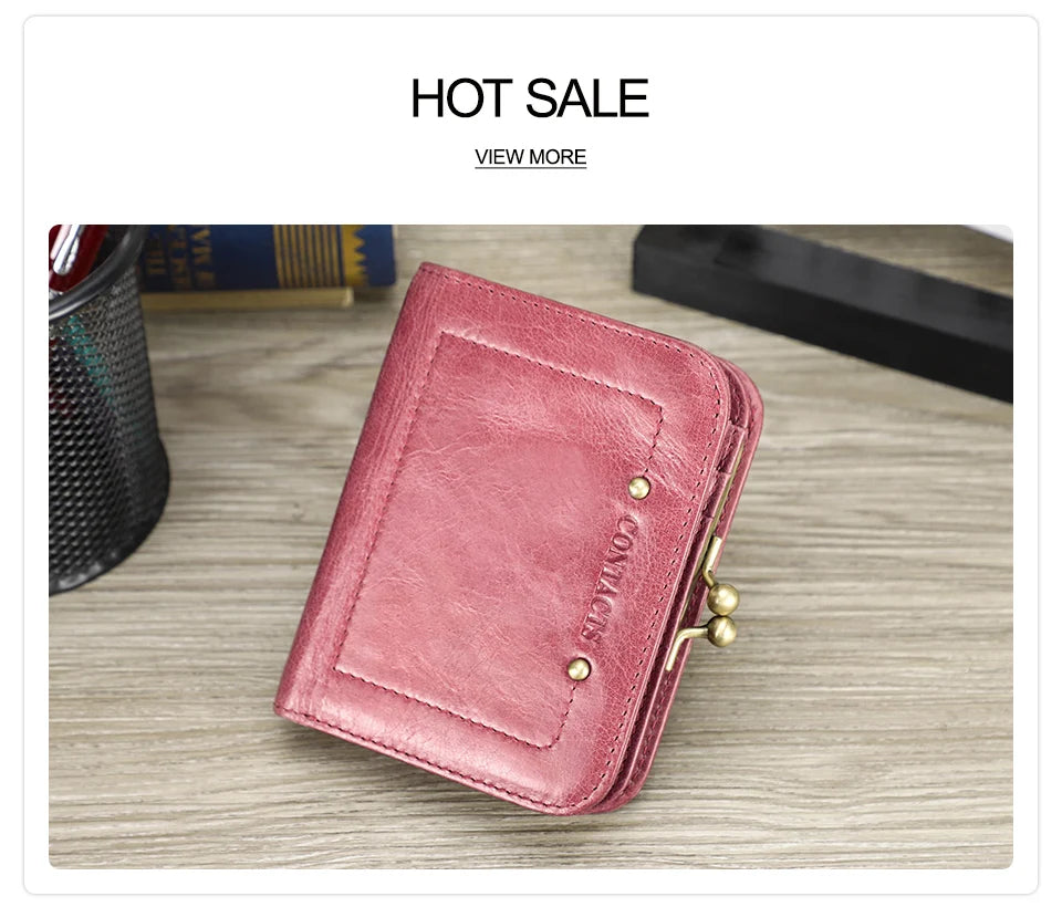 CONTACT'S Genuine Leather Short Wallets for Women Kiss Lock Classic Wallet Metal Frame Coin Purses Card Holder Money Clip Bags